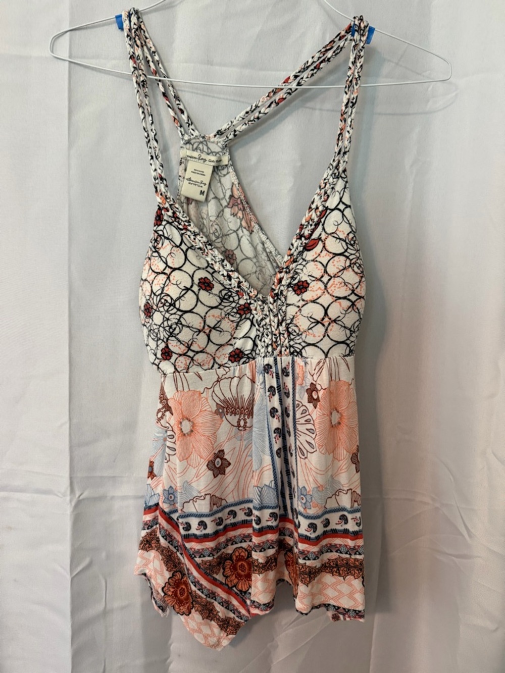 Floral Boho V-Neck Tie-Back Dress in White, Peach & Blue